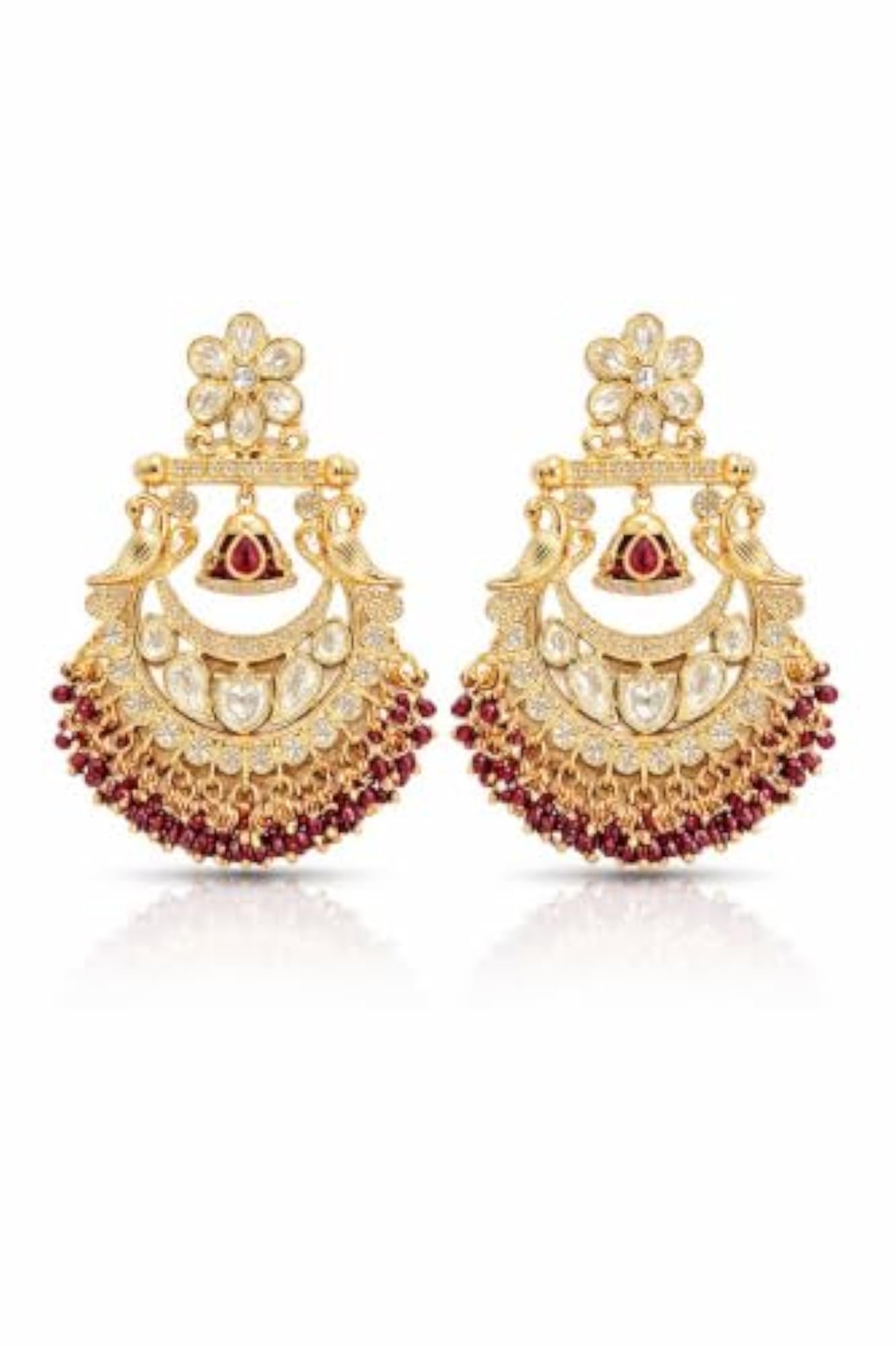 Kundan Chandbali Jhumka Earrings Gold Plated with Red Beads