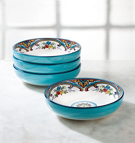 Euro Ceramica Zanzibar Collection Pasta Bowl Sets, Set Of 4, Spanish Floral Design, Multicolor Blue #TOP1
