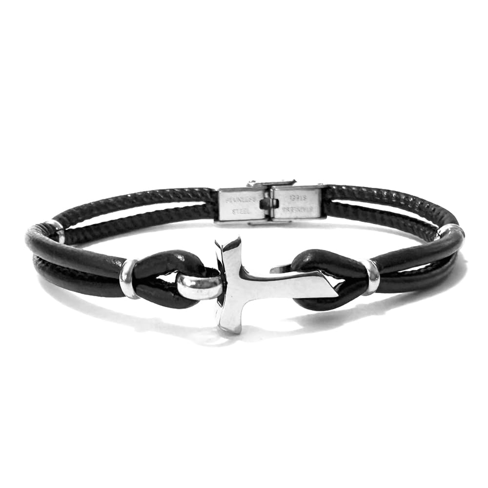 Bracciale Uomo Tau Francescano in Acciaio e Pelle – Gioiello Religioso con Croce Tau, Accessorio Spirituale Regolabile – Idea Regalo Cristiana