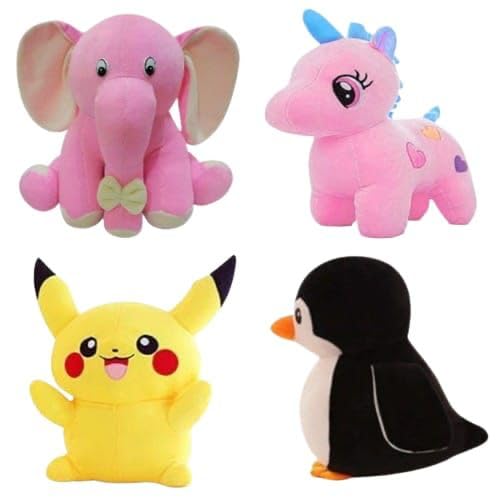Image of Pack of 4 Elegant Soft Animals Stuffed Plush Fur Soft Toys Combo Set for Kids /Childrens /Boys /Girls Playing Birthday Gift Elephant,Unicorn,Pikacahu,Penguine