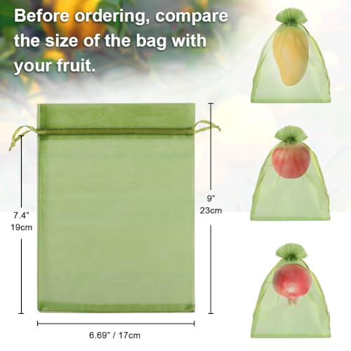 Shintop 100Pcs Fruit Protection Bags, 6x9 Inch Green Fruit Tree Netting Cover Drawstring Mesh Tomato Bags Pest Barrier for Apples Mango