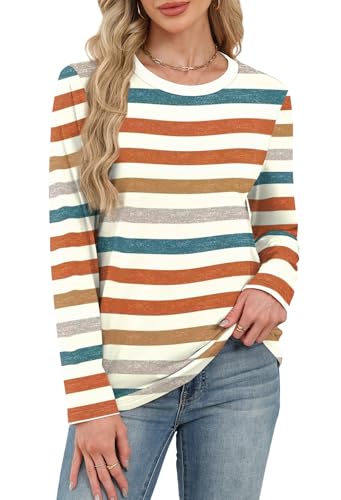 WIHOLL Womens Long Sleeve Shirts 2025 Striped Color Block Tops Fall Fashion Clothing Ribbed Crewneck Tee Blouses