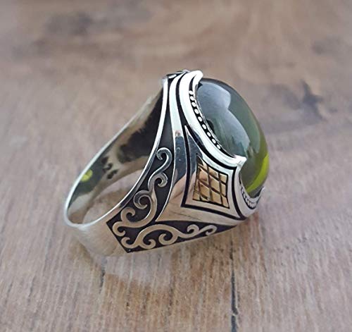 Handmade 925K Sterling Silver Mens Ring With Cubic Zircon Peridot Color Stone Rp26 #TOP5