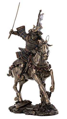 Top Collection Samurai Riding Horse With Sword In Hand Statue - Japanese Warrior In Combat Sculpture In Premium Cold Cast Bronze - 8-Inch Collectible Figurine #TOP1