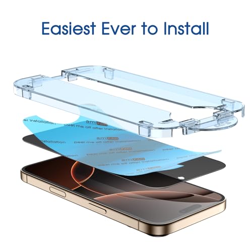 Image of amFilm OneTouch for iPhone 16 Pro Max Privacy Screen Protector 6.9'' 2024 | 30s Auto-Alignment, Bubble Free, Tempered Glass, 28 Anti Spy, Shatterproof, Camera Lens Protector 2+2 Pack (16P-6.9'')