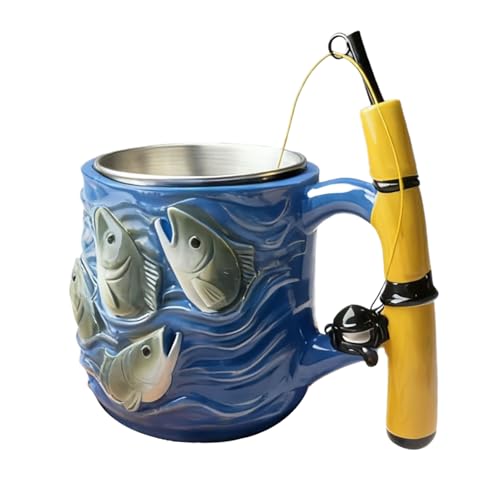 Divertida taza de café con diseño de caña de pescar y carrete, línea de simulada de pescador, agua, té, café, taza de resina con agarre cómodo, regalo para papá, marido, abuelo, día del padre