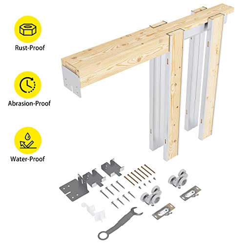 Image of 28 inch x 80 inch Sliding Pocket Door Kit, 1 Lite Frosted Glass Pantry Door with Panel and Frame, Interior & Closet Single Finished Door Slab, Interior Sliding Doors, White Primed