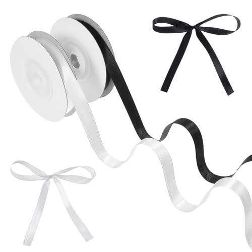 Black and White Ribbon 3/8 Inch Double Faced Satin Ribbon for Gift Wrapping Crafts Hair Bows Sewing Wedding 2 Rolls Total 22 Yards