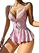 Lilosy Sexy Bows Floral Lace Mesh Babydoll Lingerie Romper Cutout Nightwear Women Bodysuit Nightshirt Teddy Pink Medium