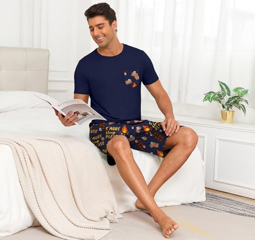 Image of PrinStory Mens Summer Pajamas Set Lightweight Pjs Sets Short Sleeve Pajama Shorts Set Soft Sleepwear Loungewear with Pockets