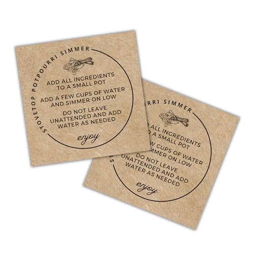 Stovetop Potpourri Instruction Label | 30 Pack 2.5x2.5 Square Card Kraft Paper Simple Christmas Holiday Design Hang Tag for Package Stove Top Simmer Home Scent Use with Glass Saucepan Steamer Pot