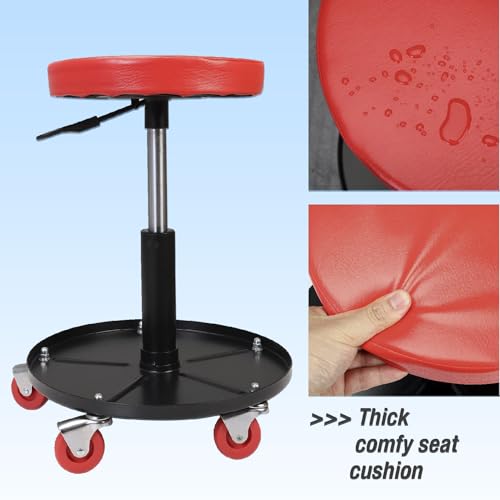 Image of Big RED Creeper Garage /Shop Seat: Heavy Duty Rolling Pneumatic Padded Adjustable Mechanic Stool with Tool Tray Storage, Red Large