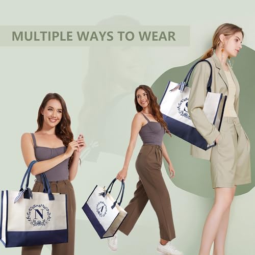 Image of BeeGreen Birthday Gift Ideas For Her Sister, Teacher, Mom, Bridesmaid, Retirement Gifts For Female Coworkers, Mothers,Grandma - Funny Initial Beach Bag With Pocket,Gift Baskets Empty,Navy Tote Bag