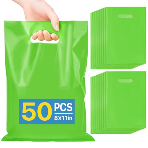 ANZNKU 50 PCS Green Party Favor Bags Goodie Bag for Candy Treat Small Gift Bags with Die Cut Handles for Jewelry & Craft Goody Bags for Birthday Easter Gifts(8x11 inch)