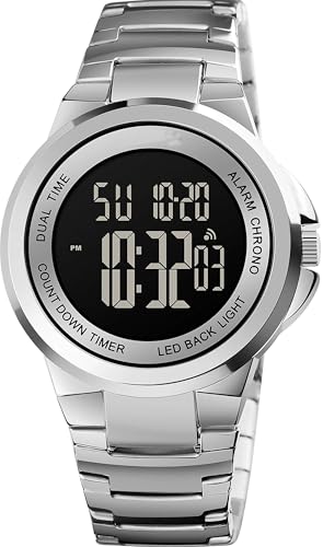 findtime Herrenuhr Digital Business Multifunktionsuhr Sportlich Armbanduhr Outdoor Metall Schlicht Silber Timer Stoppuhr LED Beleuchtung Kalender