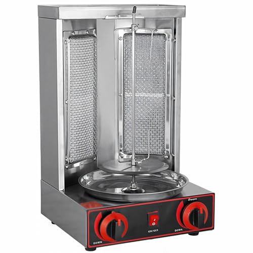 Parrilla Kebab Vertical Comercial con Sistema de Doble Pincho y Cuerpo de Acero Inoxidable de 490x300x300mm, Rotación Automática con Control de Temperatura Ajustable para Shawarma y Gyros