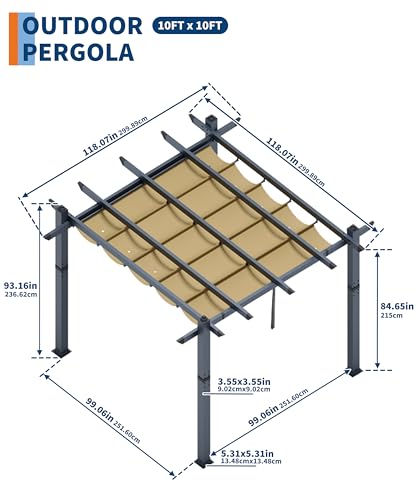 10x10 Ft Aluminum Pergola, Outdoor Metal Gazebo with Adjustable Canopy, Reinforced Frame Outdoor Shelter for Backyard, Patio Lawn and Deck - Khaki