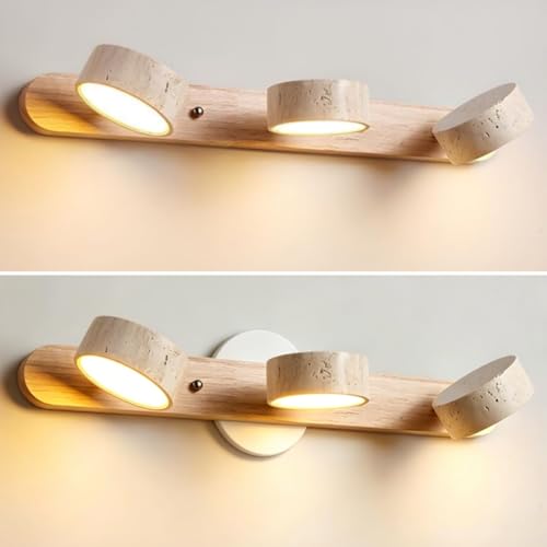 Image of Farmhouse Wood Vanity Light Fixture Nordic Style Stone Wall Lamp Natural Travertine Shade Linear Bathroom Wall Sconce 3 Lights Rotatable LED Wall Light Over Mirror - Natural Wood Color