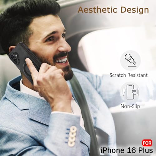 Image of TheGiftKart Genuine Leather Finish Back Cover Case for iPhone 16 Plus | Shockproof Design | Raised Edges for Camera & Screen Protection | Stunning Minimalist Design Case (MagSafe Compatible, Black)