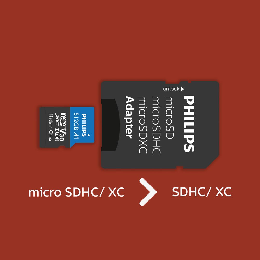 Scheda Di Memoria Philips MicroSDXC 512GB + Adattatore SD | Ultra Pro UHS-I U3, V30, A1, Lettura 100MB/s | Per 4K UHD, Smartphone, Tablet