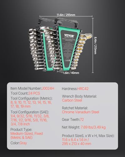 Image of VEVOR 24-Piece Ratcheting Wrench Set, Ratchet Combination Wrench Set with Organizer, Nickel Plating, 72-Tooth, CR-V, Metric 8-19mm & SAE 1 /4-7 /8 inch