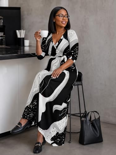 Image of PinkPatty Plus Size Maxi Dress for Women Casual V Neck 3 /4 Sleeve Boho Printed Long Dress with Pockets