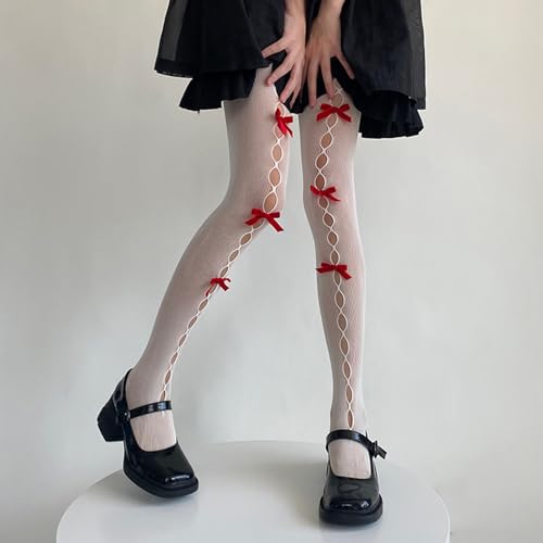 Image of SOLILOQUY Women's Lolita Pattern Tights Kawaii Velvet Bowtie Fishnet Stockings Leggings Mesh Pantyhose Hollow Out lace Socks