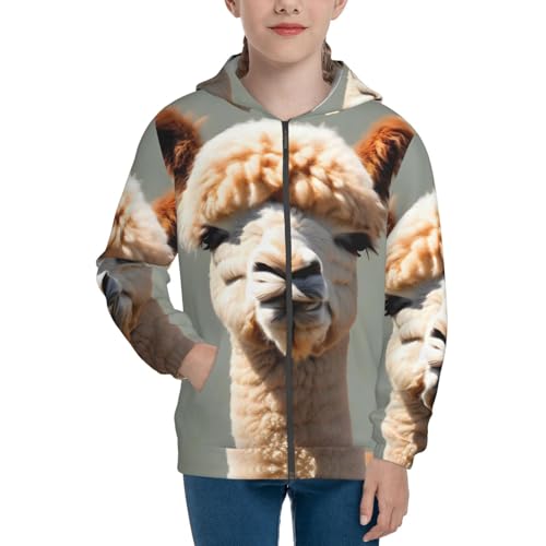 Alpaca avatar Print Girls Athletic Zip Up Hoodies,Sweatshirts with Pockets Long Sleeve Hooded Jackets, for 7-18 Y2