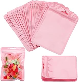 Mylar Bags,100 Pcs Resealable Mylar Zip Lock Bag,Mylar Foil Ziplock Bags,Holographic Bags,Smell Proof Food Storage Bag,Baggies Sample Bag,Pouch for Jewellery,Coffee Beans,Sweets Packaging,10x15cm,Pink