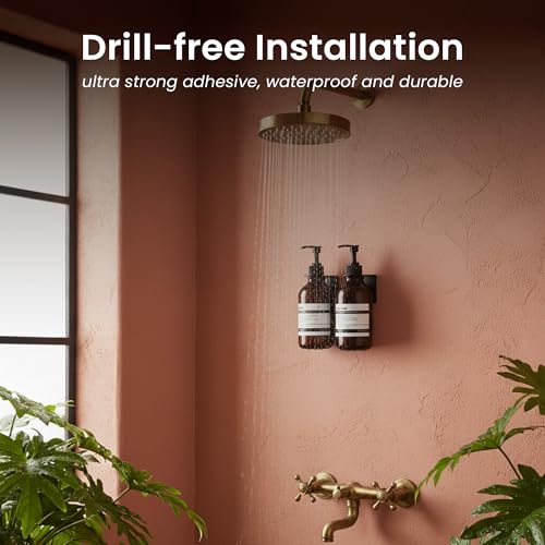 Image of Shampoo and Conditioner Dispenser Wall Mounted Set of 2 Amber Black | 500 ml Shower Gel Dispenser Set of 2. Refillable Shampoo and Conditioner Bottles. Drill Free Secure Design. Amber Classic