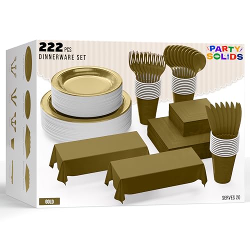 Party Solids 222 Pcs Gold Paper Plates and Napkins Sets, Disposable Plates For Party, Lunch & Cocktail Napkins Paper, 18oz Plastic Cups, Cutlery and Gold Table cloth Plastic Dinnerware Set
