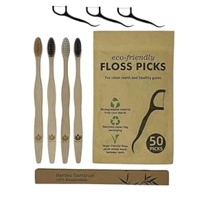 Sofi’s Cute Corner Bamboo Toothbrushes, Soft Charcoal Bristles 4 Pcs. Eco Friendly Dental Floss Pick, Charcoal Thread Flosser 50 Ct, Sustainable – Vegan Oral Care Kit