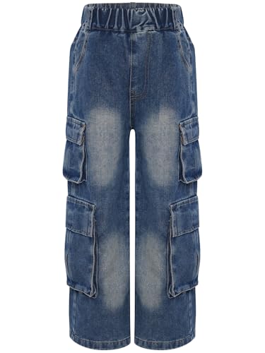 Youth Girls Casual Elastic Waistband Jeans Cargo Pants Wide-Leg Denim Trousers for Hip Hop Jazz Streetwear4
