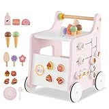 COSTWAY Lauflernwagen Holz, Lauflernhilfe mit Stauraum, Dessertladen auf Rädern mit Eiscreme, Schiebern, Labyrinth, Teller und Löffel, Montessori-Aktivitätszentrum für Kinder ab 1 Jahr (Rosa)