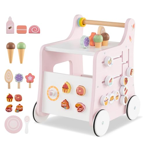 COSTWAY Lauflernwagen Holz, Lauflernhilfe mit Stauraum, Dessertladen auf Rädern mit Eiscreme, Schiebern, Labyrinth, Teller und Löffel, Montessori-Aktivitätszentrum für Kinder ab 1 Jahr (Rosa)
