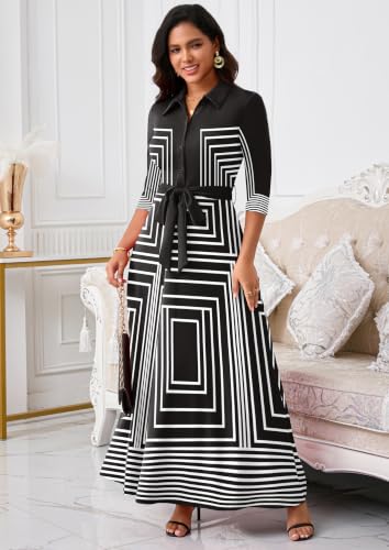 Image of Rumwind Maxi Dresses for Women, 3 /4 Sleeve Shirt Collar Casual Afircan Print Church Dress Button Down with Belt and Pockets