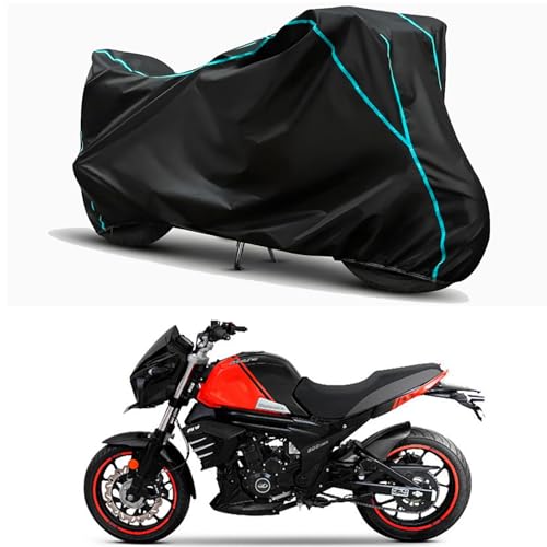 Image of Waterproof Bike Body Cover Compatible for | Mahindra Mojo 300 | Taffeta Fabric, Sky Piping Design, Bottom Elastic Fit | Dustproof, Sun UV & Rain Protection for All Weather.