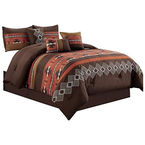WPM WORLD PRODUCTS MART 7 Piece Western Southwestern Native American Design Comforter Set Multicolor Coffee Brown Embroidered King Size Bed in a Bag Navajo Bedding Set- Makala (Spice Brick, King) Cover