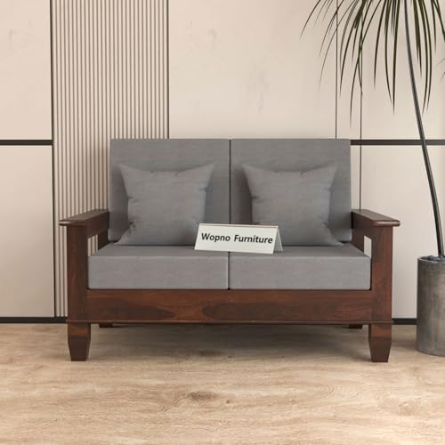 Image of Sheesham Wooden 2 Seater Sofa for Living Room | Rosewood Cushion Sofa with Side Newspaper Holder for Home & Office | Solid Wood Sofa Set for Lounge (Walnut, 2 Seater)