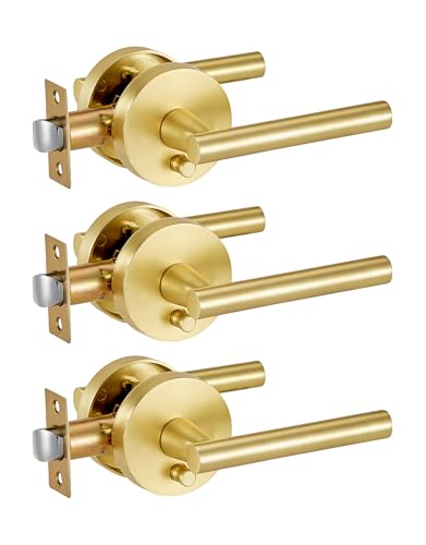 Image of Lethato Brushed Gold Door Handles Interior, Gold Interior Door Handle, Heavy Duty Interior Bedroom /Bathroom Lever Door Handle Interior(3 Packs)