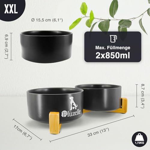 bluzelle Hundenapf Set Erhöht 2X 850ml – Keramik Napfstation 2in1 mit Bambus Holzgestell – Balance Bowl (XXL) – rutschfeste Futterbar für Hunde & Katzen – Marke aus Berlin, Farbe:Marmor Pink