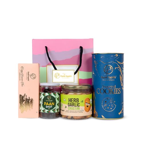 Image of The Flavour Republic Premium Diwali Celebration Snack Hamper | Bhai Dooj Gift Box with Assorted Cookies, Herb Garlic Crostini, Brownie Thins & Mukhwas Paan Shots | Healthy Gourmet Snacks for Birthdays, Anniversaries, Corporate & Family Gifting