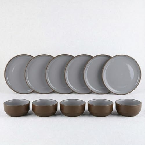 Image of BlackCarrot Ceramic Modern Dinner Set, 12 Pcs, Brown | Crockery Set | Ceramic Plate Set | Glossy Finish | Plates and Bowls (Black Carrot Brown Stoneware, 12 Piece), Bone China Free