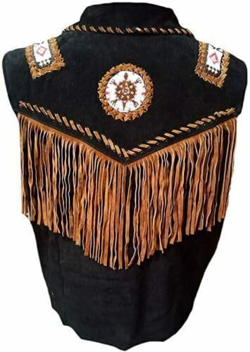 Western Suede Leather Vest Men Native American Fringe Vest Vintage Cowboy Waistcoats Tassels, Beads & Braid3