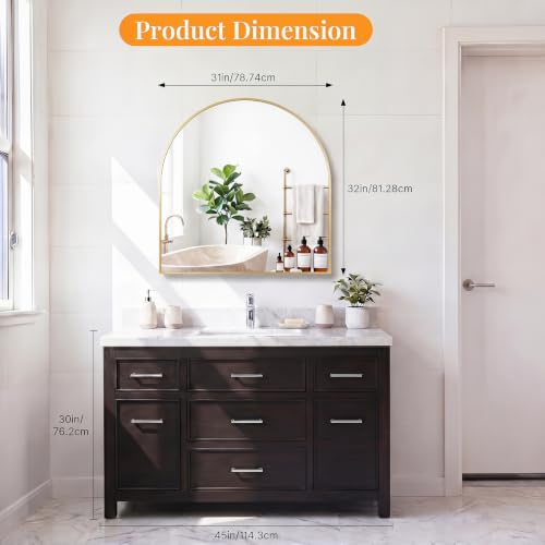 Image of Sweetcrispy 31 inchx32 inch Arched Gold Bathroom Mirror, Bathroom Mirrors for Over Sink, Modern Wall Mirrors Arch Decorative for Entryway, Bedroom, Vanity,Horizontal or Vertical Hanging