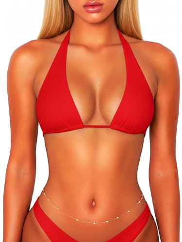 OZICERD String Halter Triangle Bikini Tops for Women Sexy Bathing Suit Swim Bikinis Top Only Red Medium
