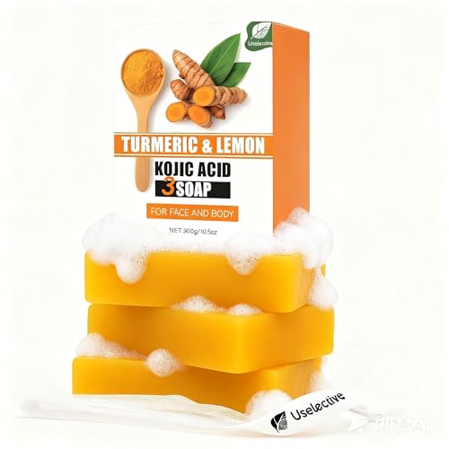 Uselective Turmeric & Lemon Glow Soap Bar - Brightening Bar for Dark Spots & Acne Scars, with Kojic Acid, Vitamin C, 3x Moisturizing with Shea Butter, SLS Free for Face/Body,All Skin Types - 3 Pcs