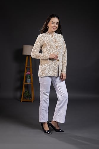 Image of Wear lusso Women Woolen Round Neck Self Design Cardigan | Heavy Hair Fabric Winter Wear | Pure Wool Long Cotty Fully Warm Cardigan Sweater