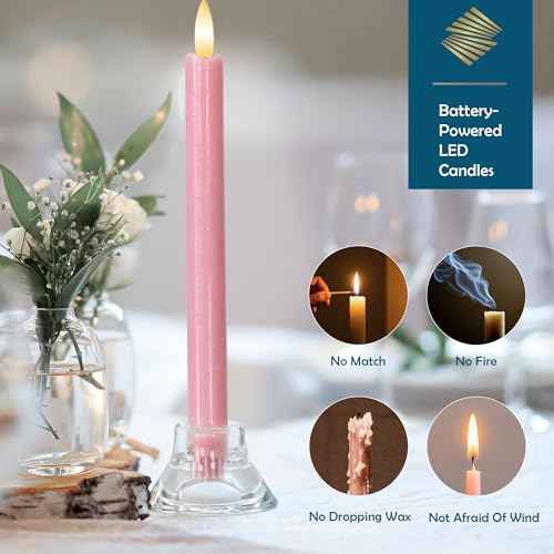 Image of Pink Flameless Taper Candles with Remote, Real Wax Battery Operated LED Candles with 3D Flickering Flame, 9.6 inch Realistic Dripless Candlesticks for Valentine's Day Decor, Proposal Wedding, 3 Pack