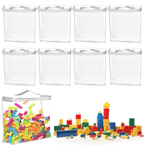 Deepton 8Pcs Toy Storage Bags with Zipper PVC Toy Organiser Bags with Handle Clear Waterproof Storage Bags for Building Blocks Puzzles Clay Small Models Board Games Books White